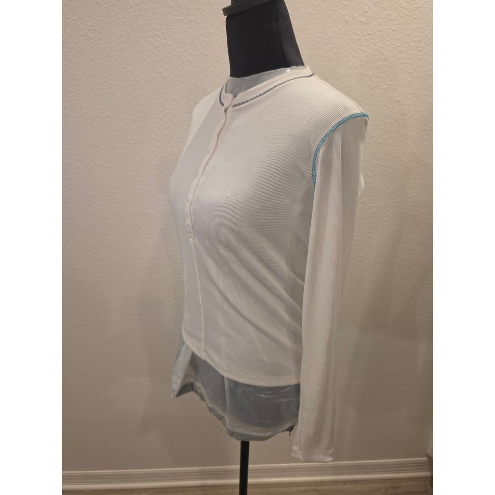 Lucky in Love Womens White Ribbed Henley Long Sleeve Top Contrast Stitch XS